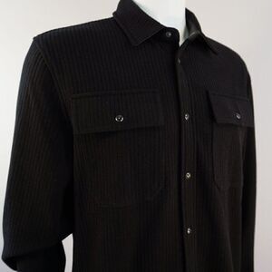 Karl Lagerfeld Men Sz L Shirt Jacket Black Ribbed Knit Snap Buttons Leather Trim